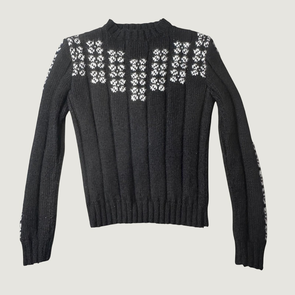 Vintage Ellamae Sweater Women S Hand Knit Black White Fair Isle Ribbed Mock Neck